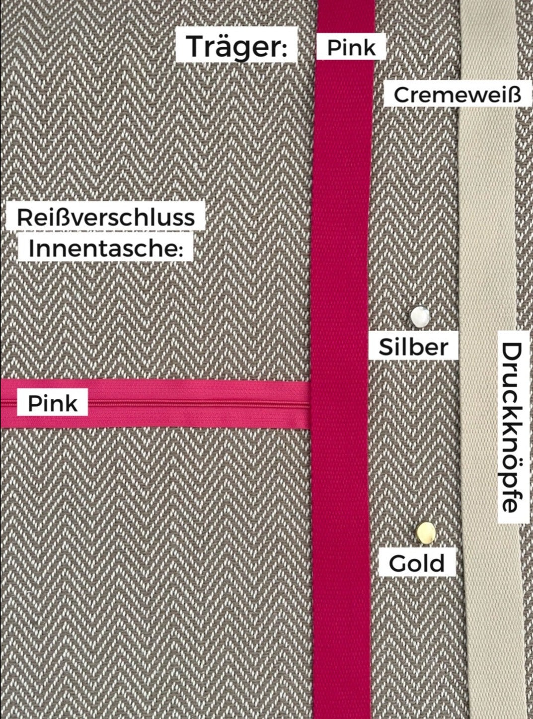 Chevron-Muster beige, Variante: Träger Pink, Reißverschluss der Innentasche Pink, Druckknöpfe in Silber oder Gold wählbar..