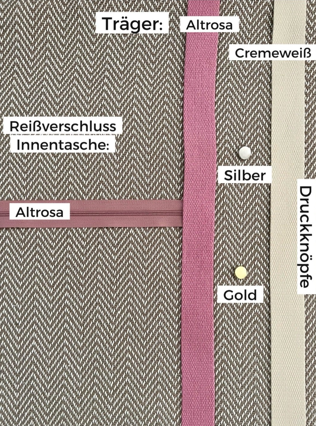 Chevron-Muster beige, Variante Träger Altrosa, Reißverschluss der Innentasche Altrosa, Druckknöpfe in Silber oder Gold wählbar.