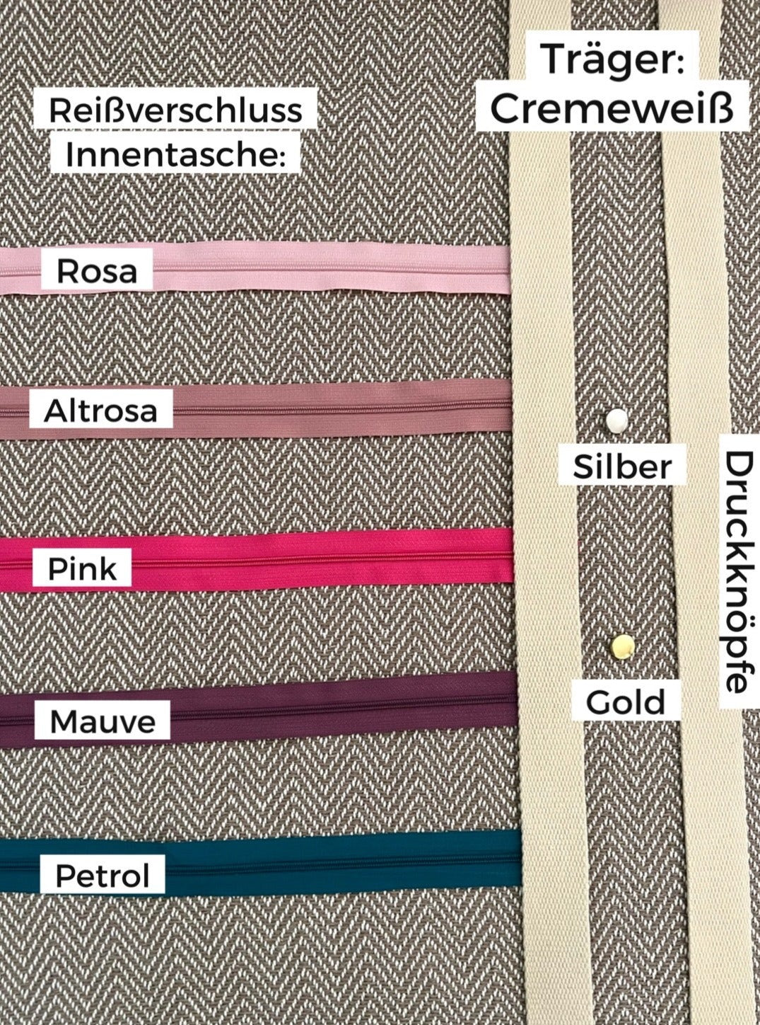 Chevron-Muster beige, Variante: Träger Cremeweiß, Reißverschluss der Innentasche kann in den abgebildeten Farben ausgewählt werden. Druckknöpfe in Silber oder Gold wählbar.