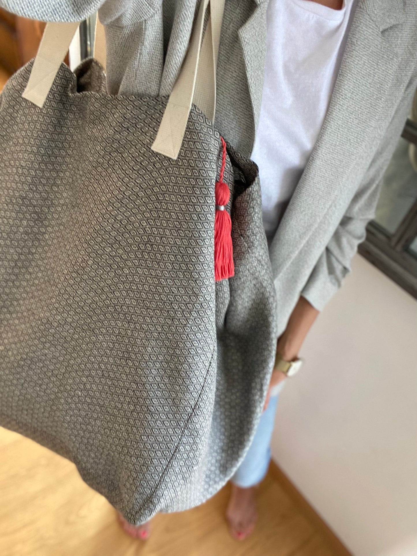 XL Shopper - Raute-Muster schwarz Leinen