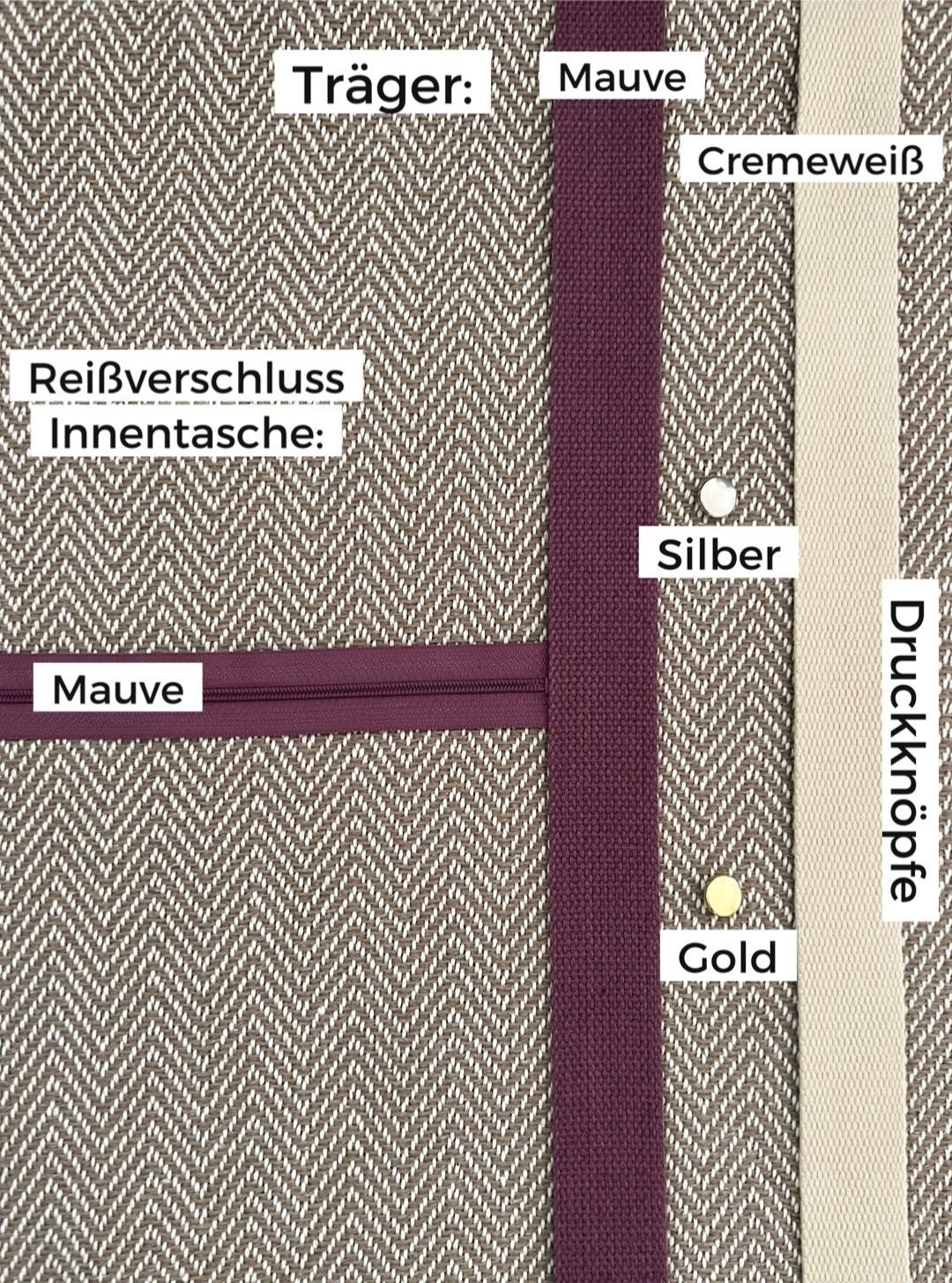 Chevron-Muster beige, Variante: Träger Mauve, Reißverschluss der Innentasche: Mauve, Druckknöpfe in Silber oder Gold wählbar.