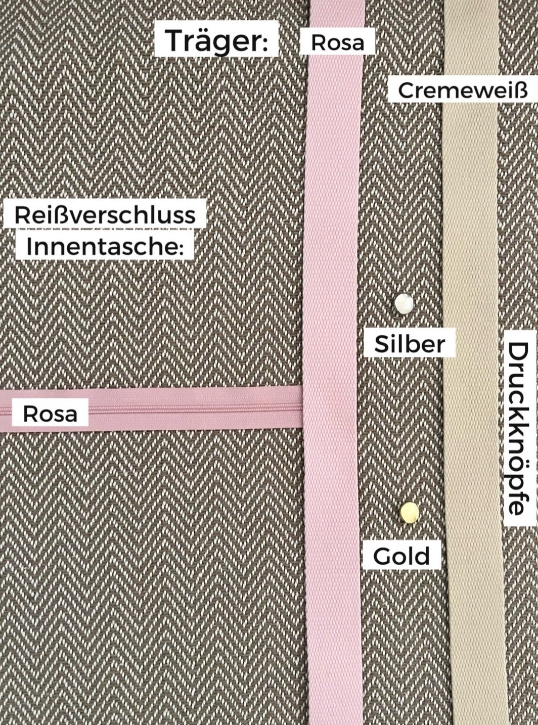 Chevron-Muster beige, Variante: Träger Rosa, Reißverschluss der Innentasche Rosa, Druckknöpfe in Silber oder Gold wählbar.