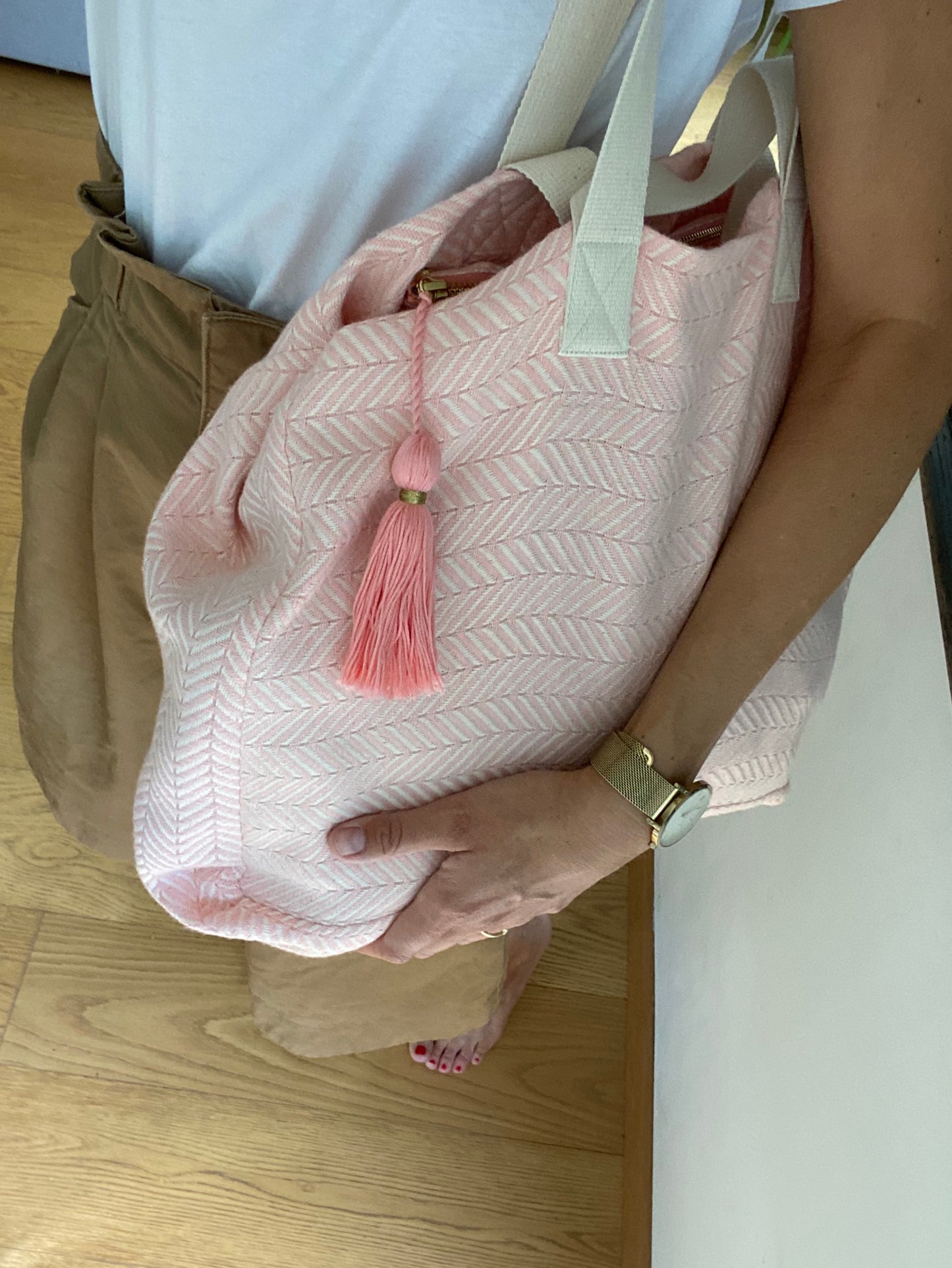 Shopper aus dem Stoff Chevron-Muster roséfarben